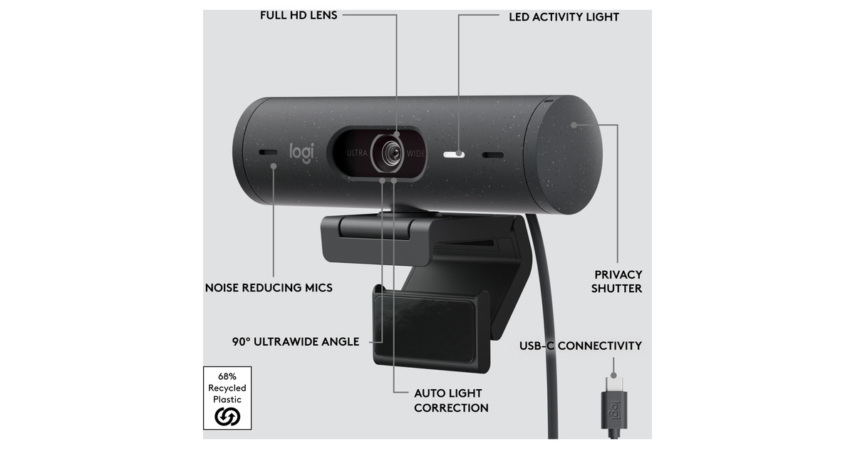 LogitechBrio 500 Full HD Webcam  (Zwart, 1080p/30fps, 720p/60fps)