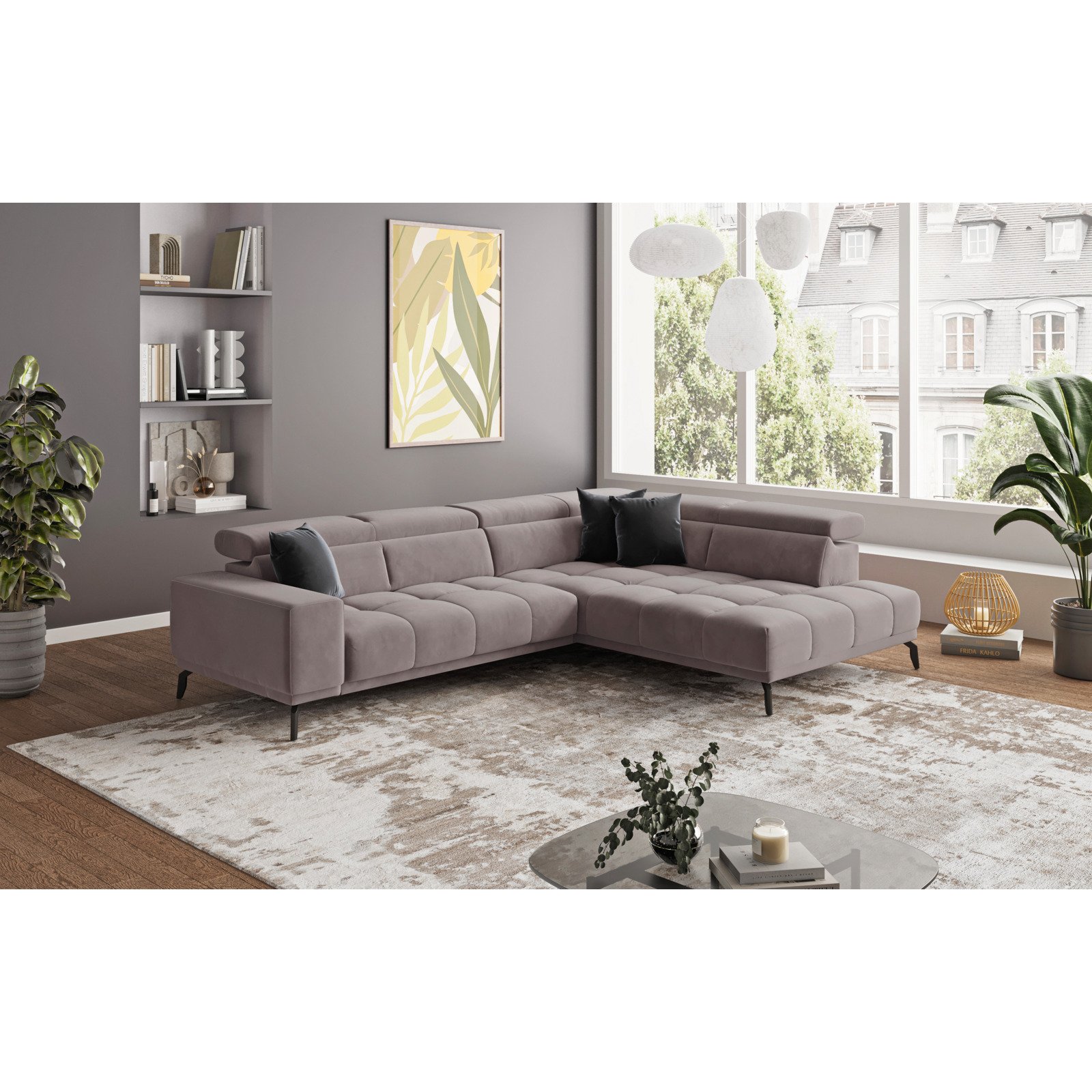 Ecksofa Jamba Stoff silber, Ottomane rechts