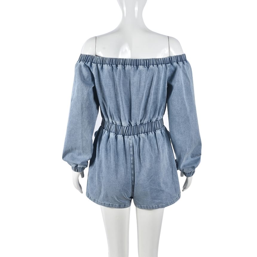 BrickBlack - Lange mouwen off-shoulder denim romper met wijde pijpen