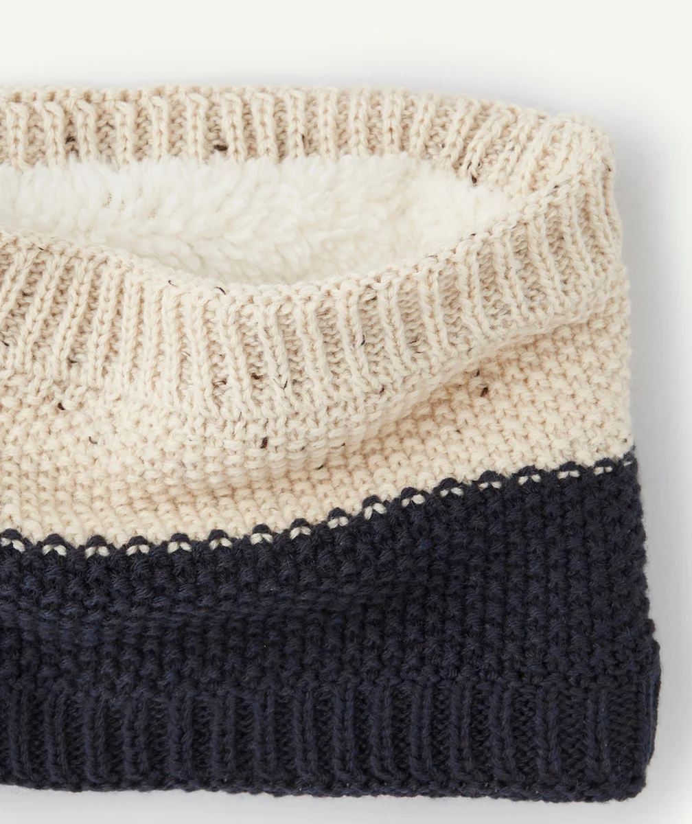 SNOOD TRICOT BÉBÉ GARÇON EN FIBRES RECYCLÉES BEIGE ET BLEU MARINE