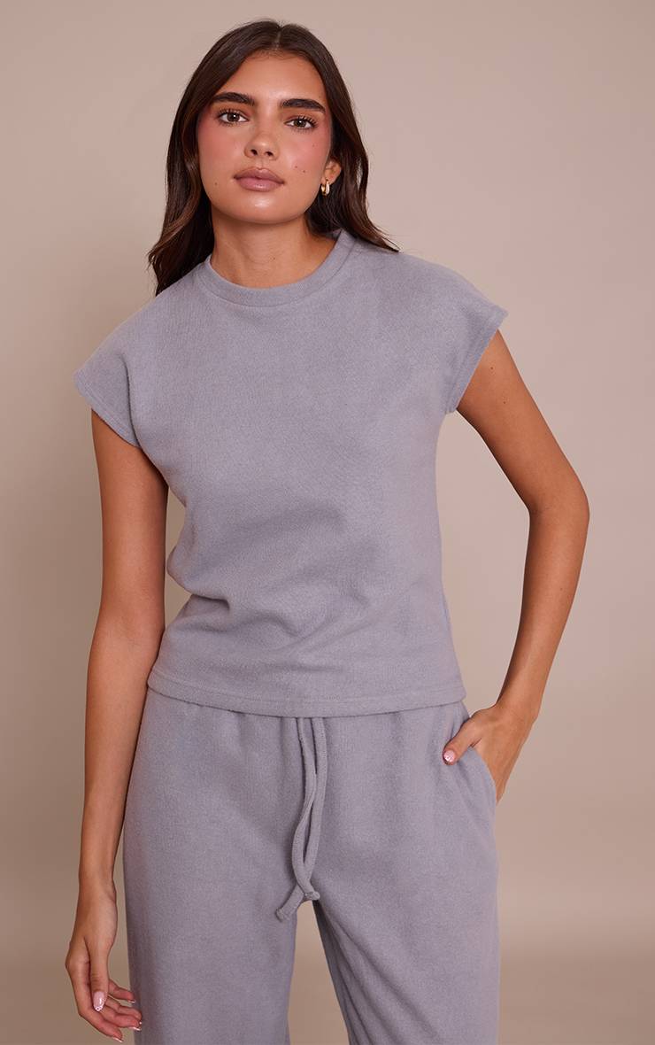 Charcoal Grey Haut À Manches Courtes En Maille Côtelée