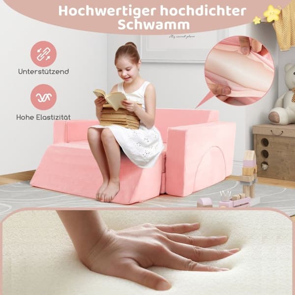 Modulær barnesofa, lekesofa, modulsofa med avtagbart trekk, 105,5 x 101 x 48 cm, rosa
