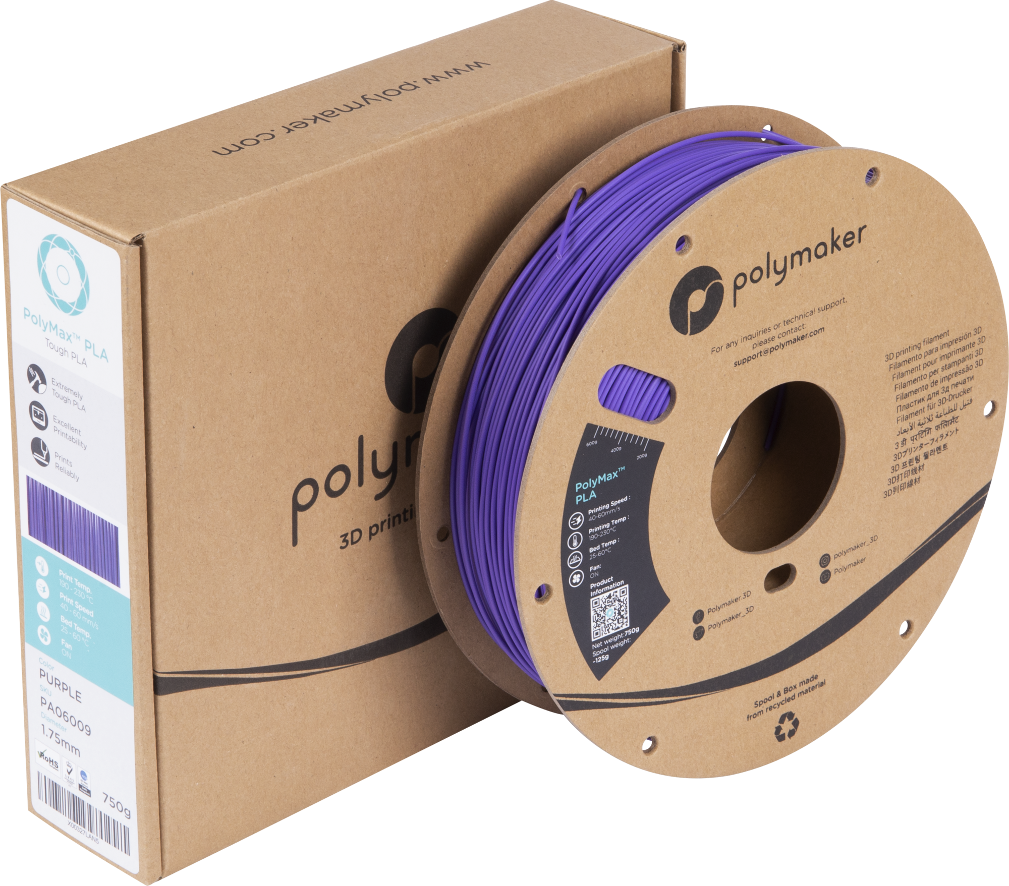 Polymaker  PolyMax PLA Violett, 1,75 mm (750 g)    Das violette Filament mit 9-fach höherer Belastbarkeit als herkömmliches PLA