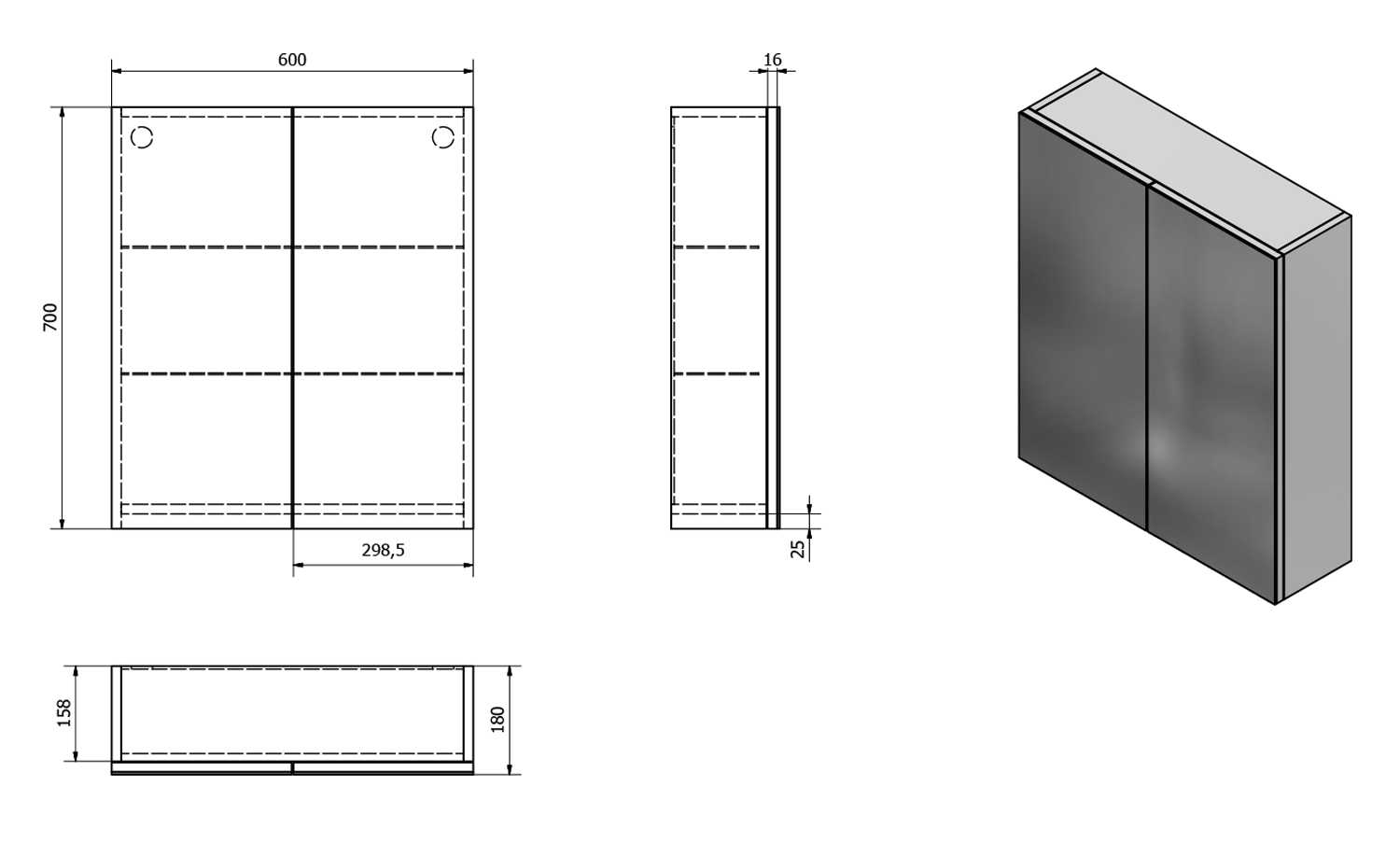Aqualine Vega spiegelkast 60x70x18cm 2 deuren wit