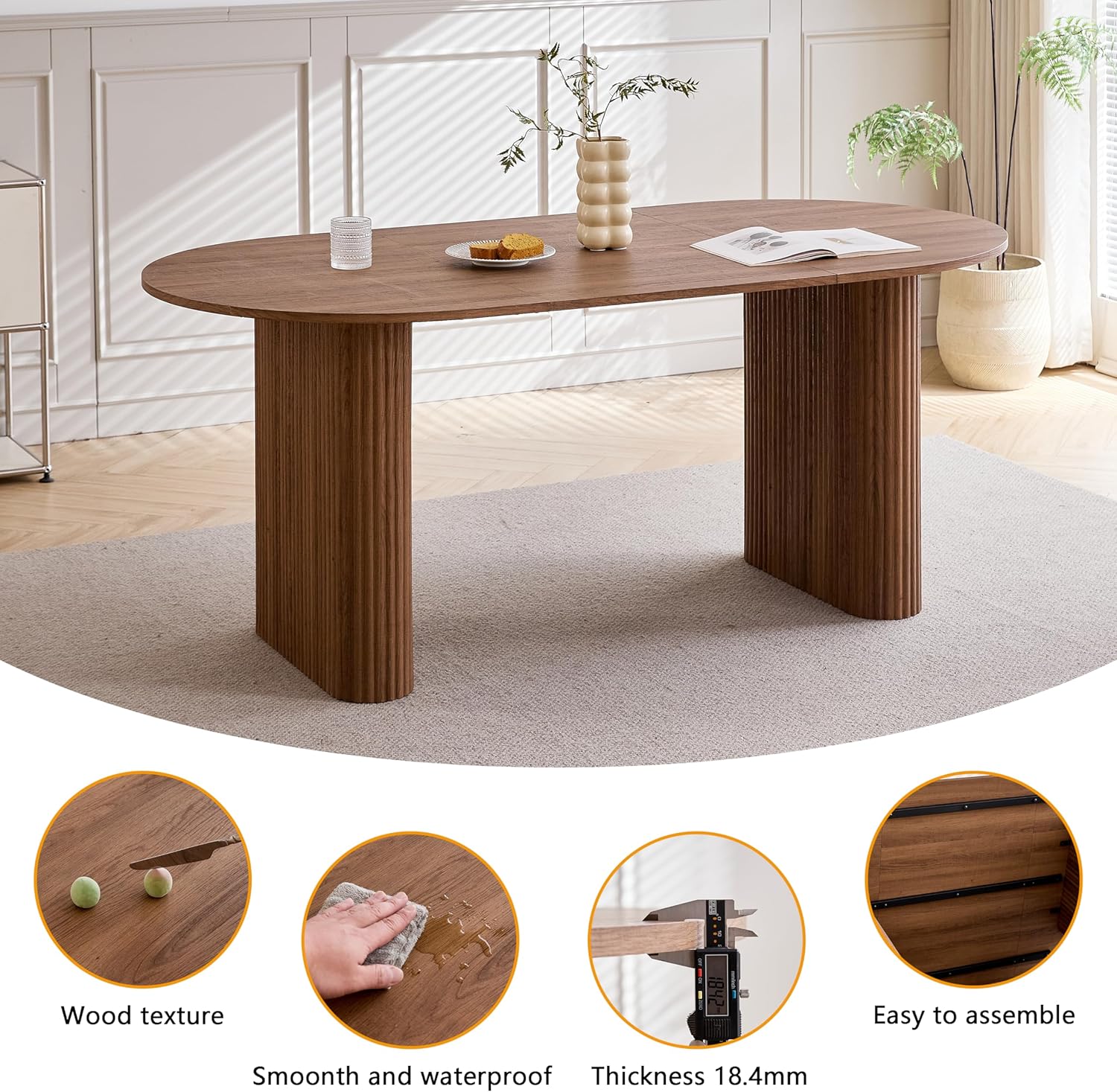 Ovaler Esstisch aus Holz, 180 cm Moderner Küchen-Esstisch, Großer MDF-Schreibtisch für 6–8 Personen (Dunkelbraun)