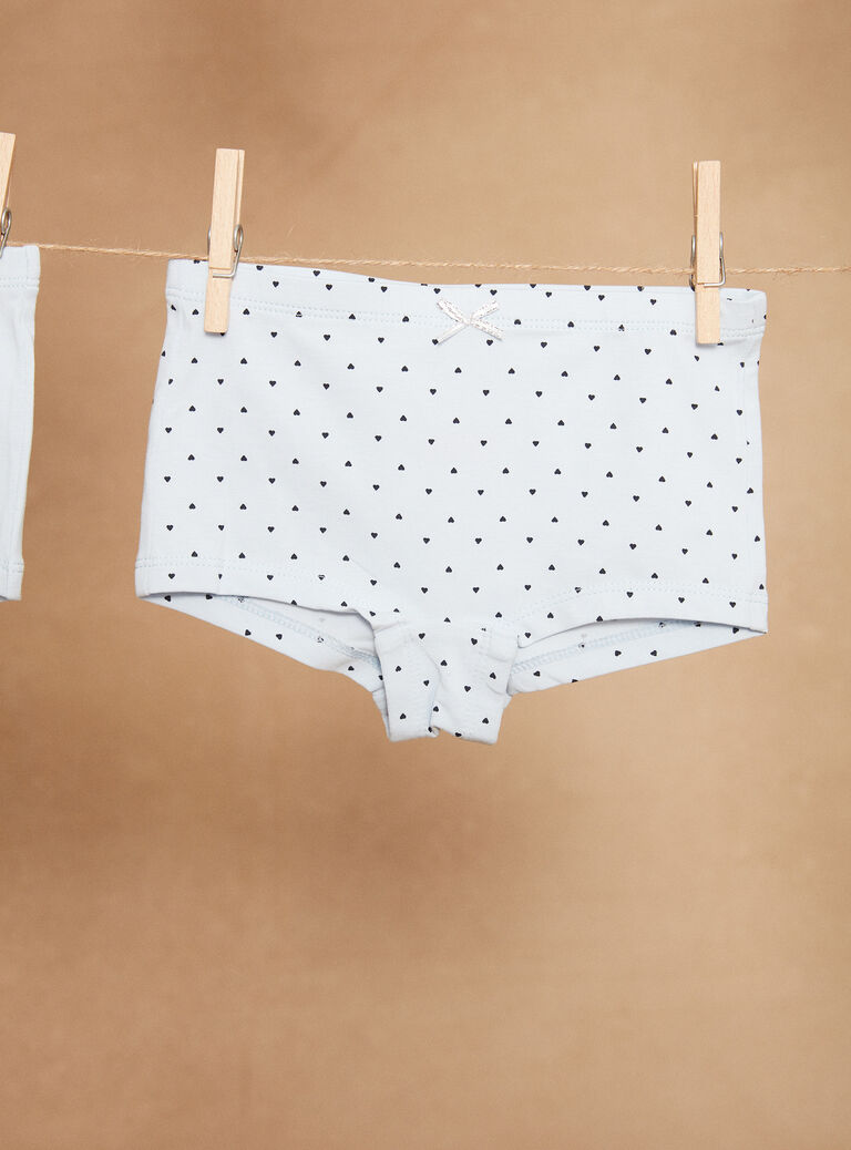5 shortys ciel, écru, rose et orange à imprimé curs et fleuris et motifs fées danseuses