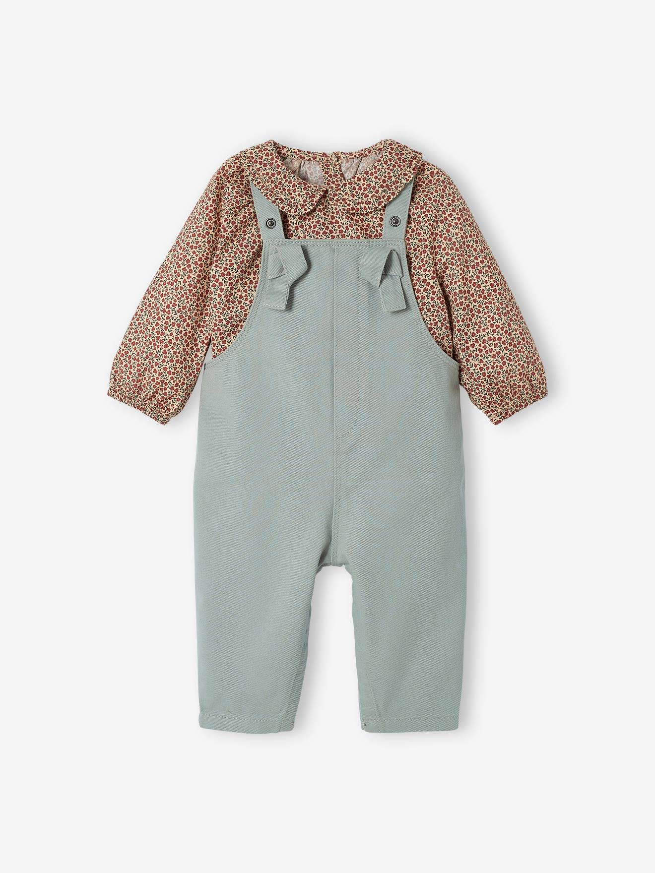 Conjunto de body e blusa para bebê, bege médio com estampa.