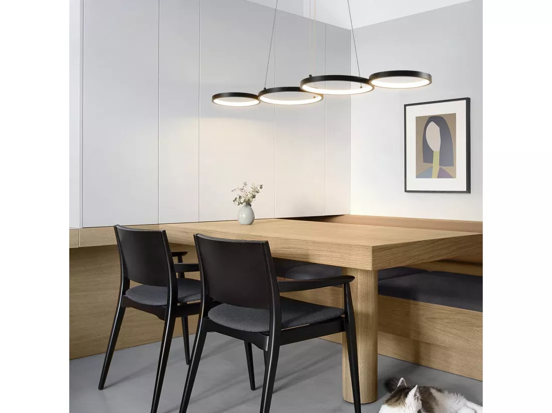 NETTLIFE Suspension LED en aluminium noir Diam.150 cm 54W lampe moderne 4 anneaux design lampe de table à manger dimmable avec suspension pour salon
