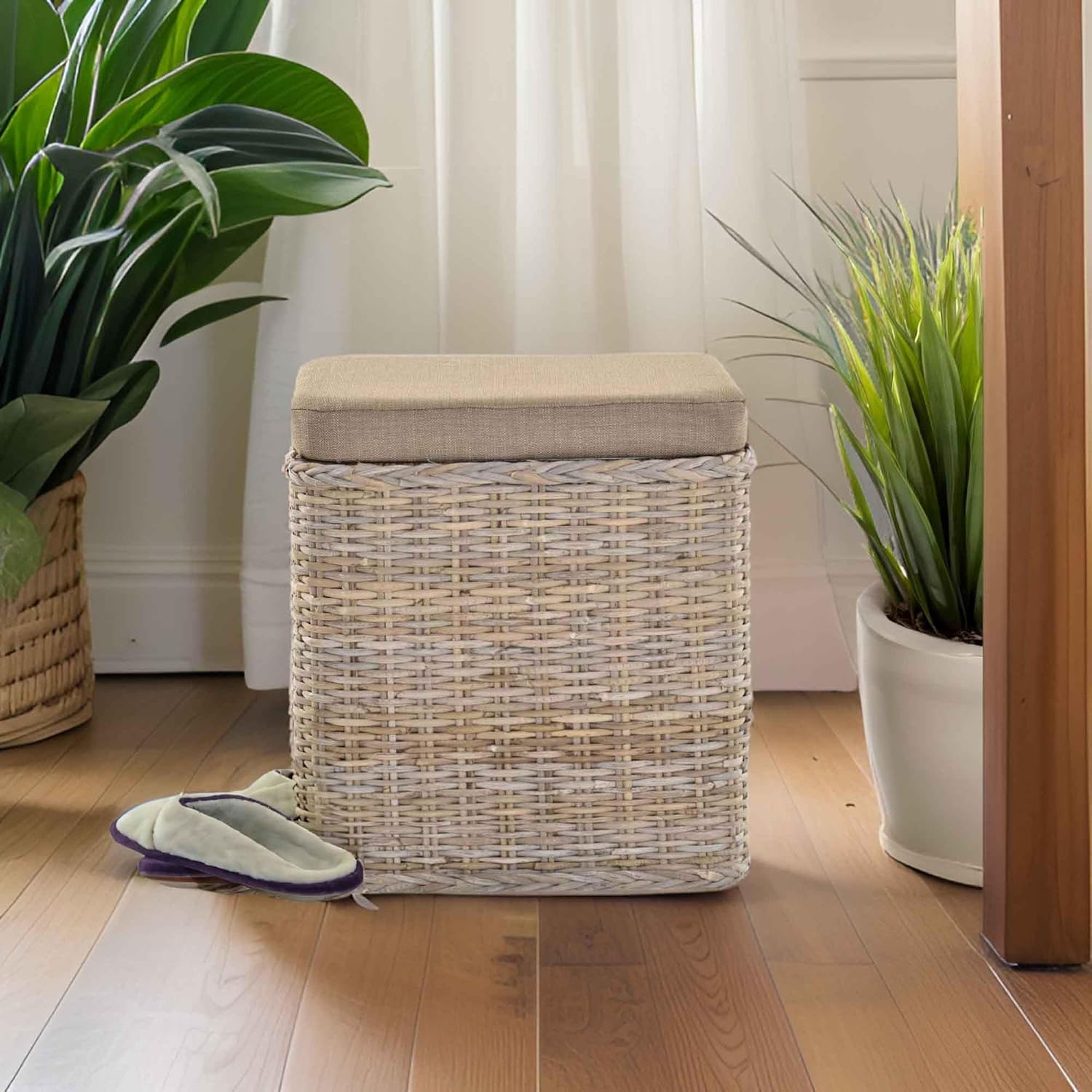 Rattan Wäschekorb Wäschetruhe Sitz gepolstert Flur-Bank Aufbewahrungsbox mit Deckel Bad-Hocker Sitzhocker Wäschesammler Sitz-Truhe Natur (Grau Natur, Quadratisch)