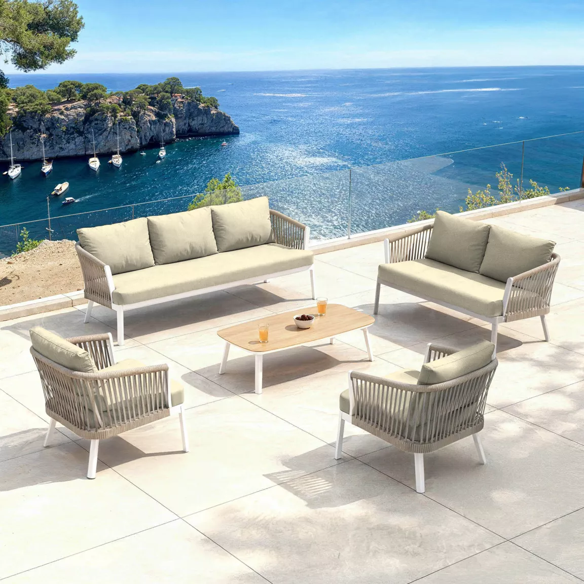 Salon de jardin en aluminium 7 places 5 pcs Amalfi Blanc et beige