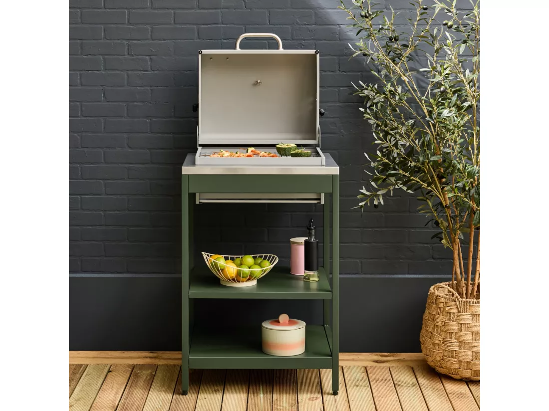 Barbecue grill charbon de bois vert Naxos grille chromée 2 étagères