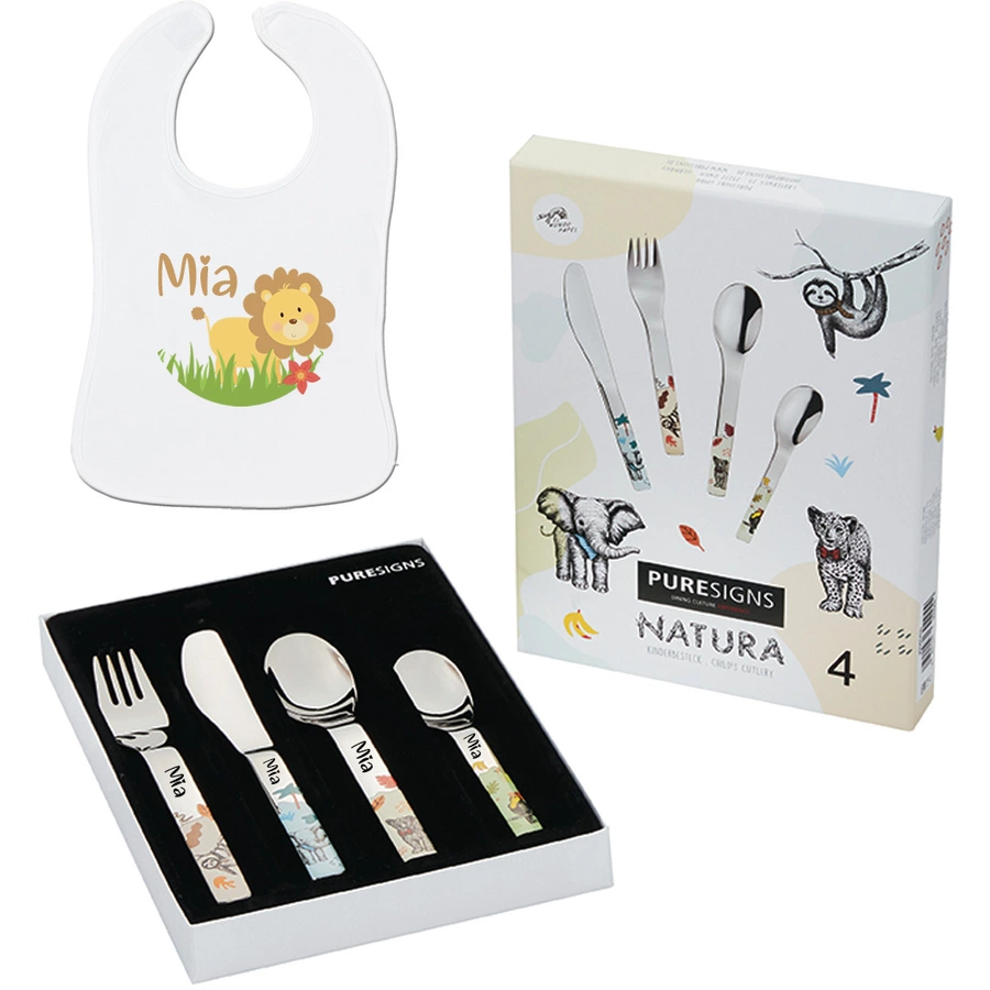 Schnullireich Geschenkset mit Namen Natura: Puresigns Kinderbesteck + Lätzchen Löwe Silber