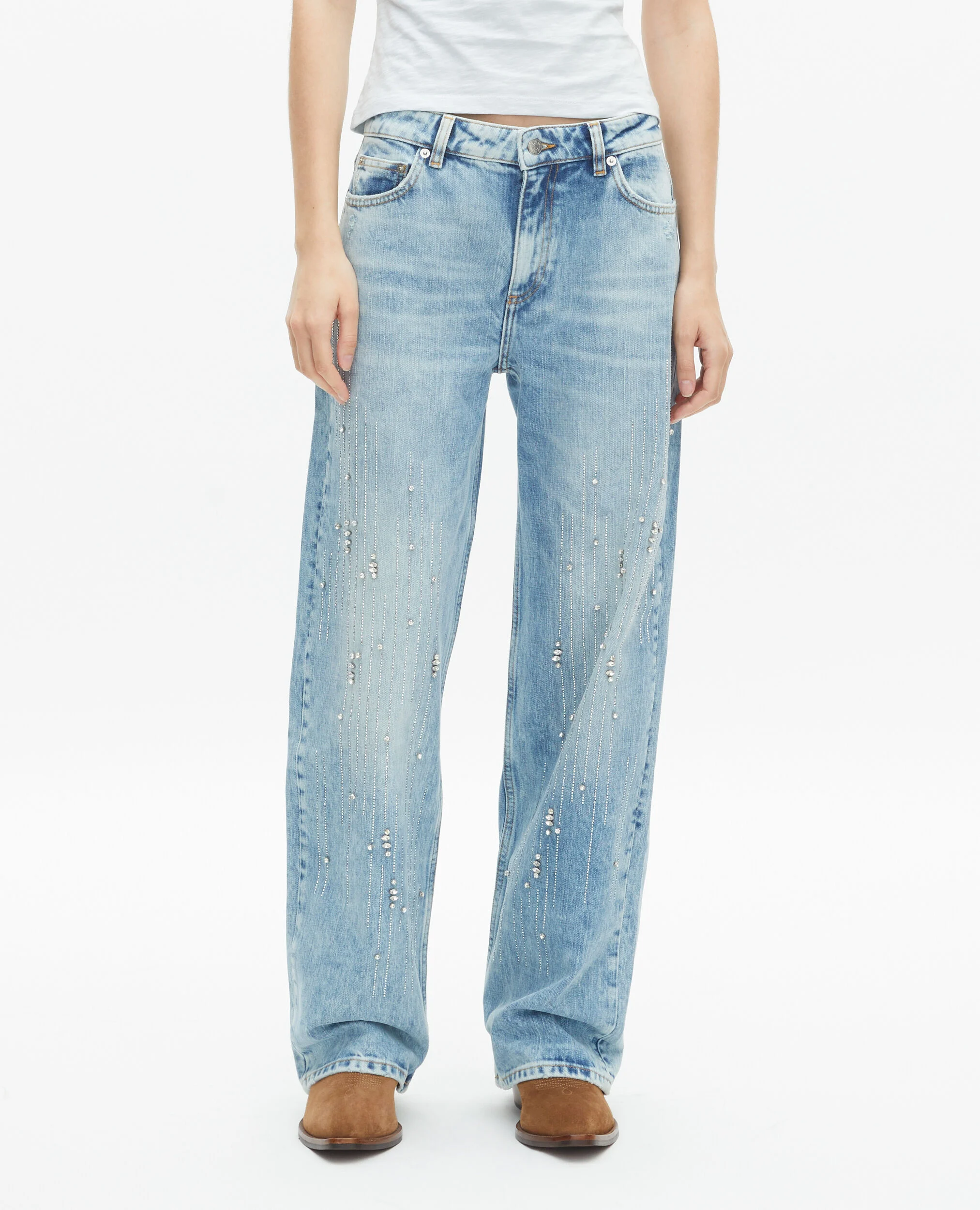 Jean large avec strass bleu clair