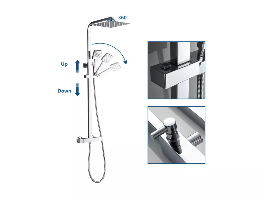 Colonne de Douche Thermostatique Ensemble Douche Avec Tête de Douche de 10 Pouces Système Douche en Laiton Hauteur Réglable pour Salle de Bain