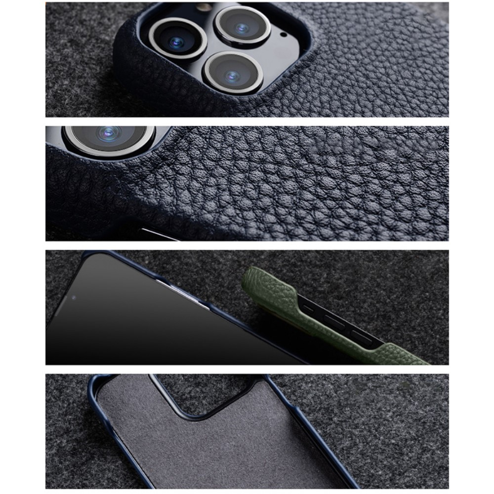 iPhone 14 Pro MagSafe Echtleder Hardcase Hülle Litchi Look - Dunkelblau