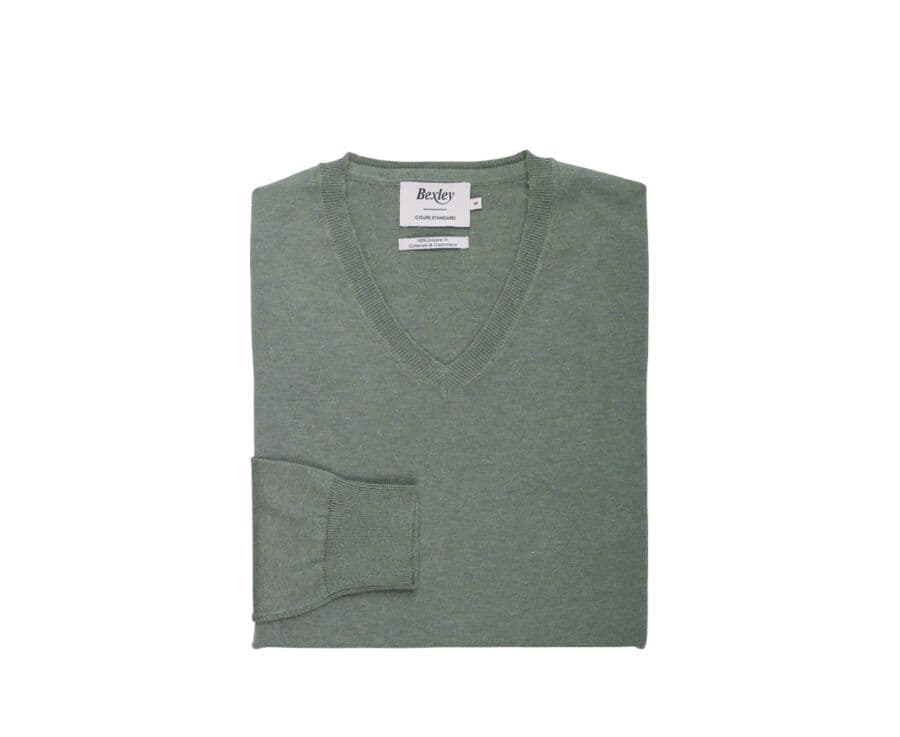 Pull fin homme col V coton bio/cachemire Sauge Chiné - VALTON
