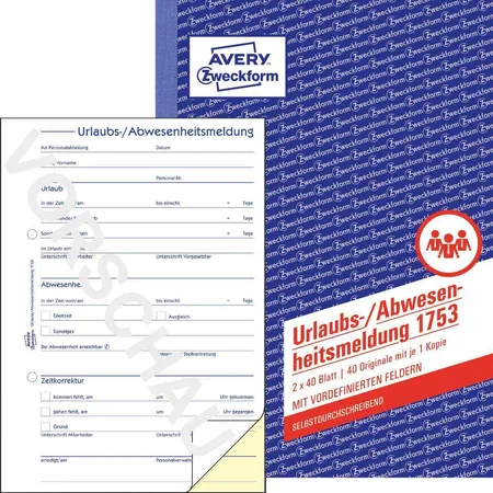 Avery Zweckform 1753 Urlaubs-/Abwesenheitsmeldung, A5, selbstdurchschreibend, 2x40 Blatt