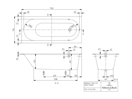 Baignoire droite 170 X 75 VILLEROY ET BOCH Oberon Solo Quaryl