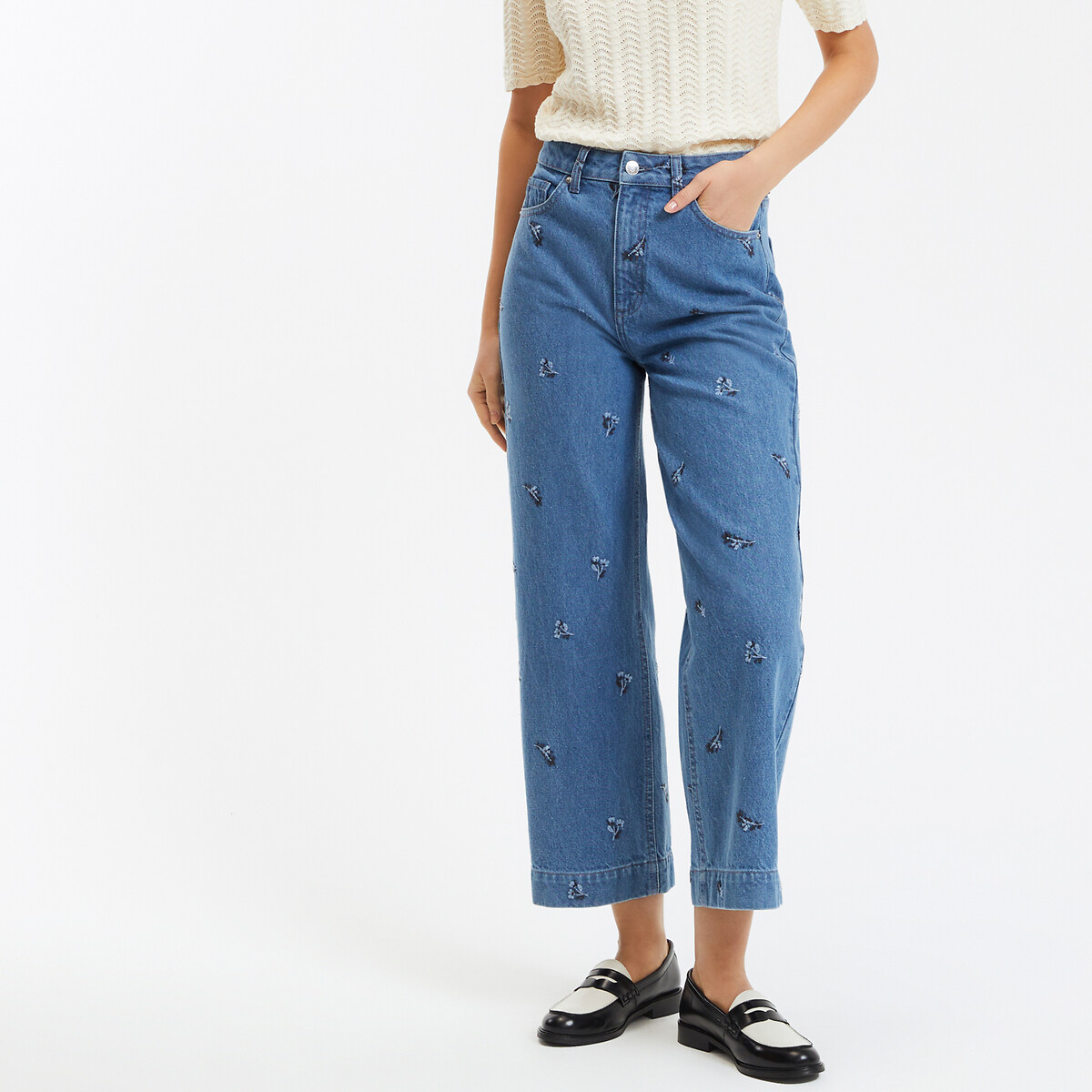 COLEÇÃO LA REDOUTE<br>Calça jeans bordada, larga e curta, cintura alta