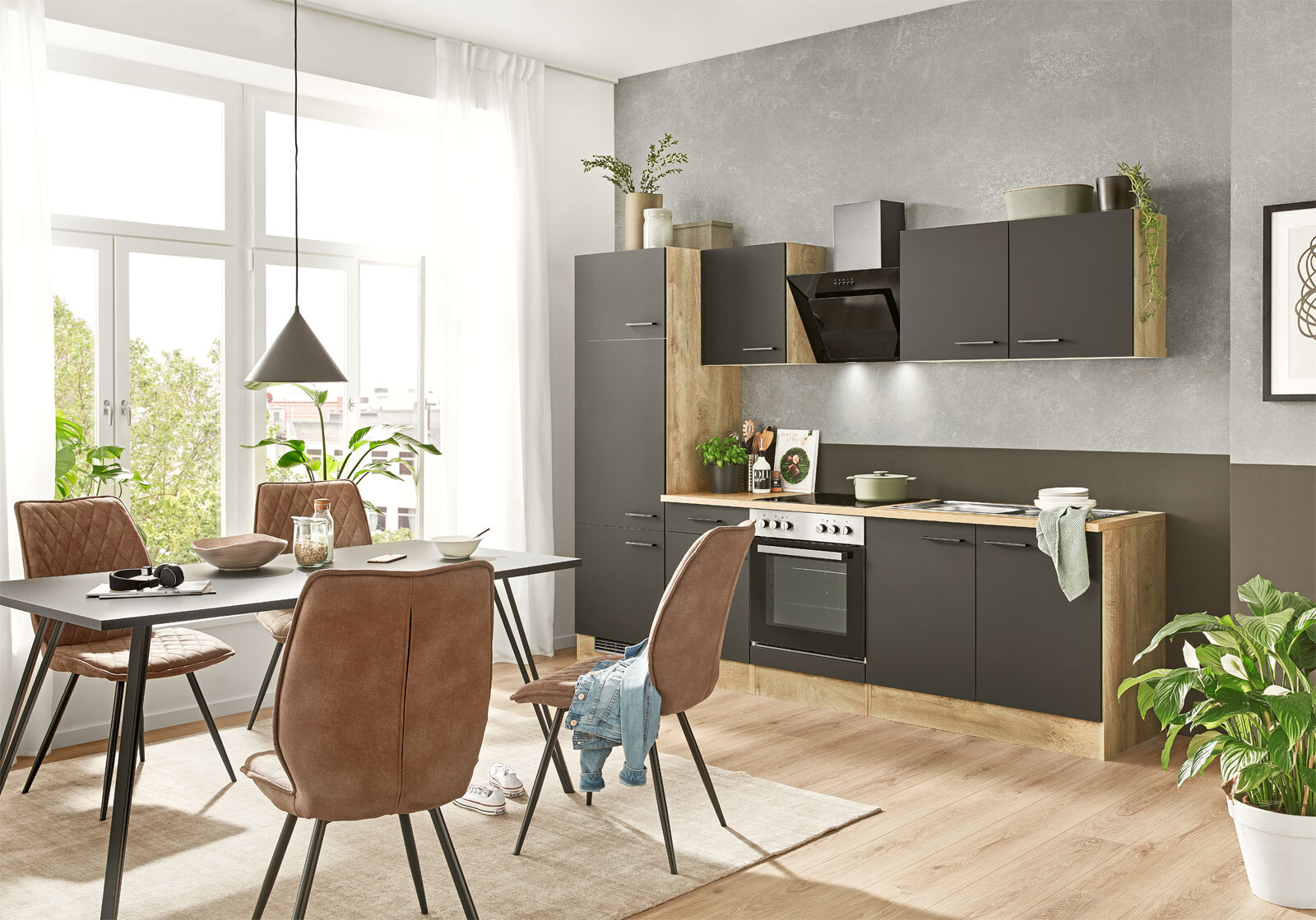 Küchenzeile MARY Touch Schwarz/ Endgrain Oek 270 cm