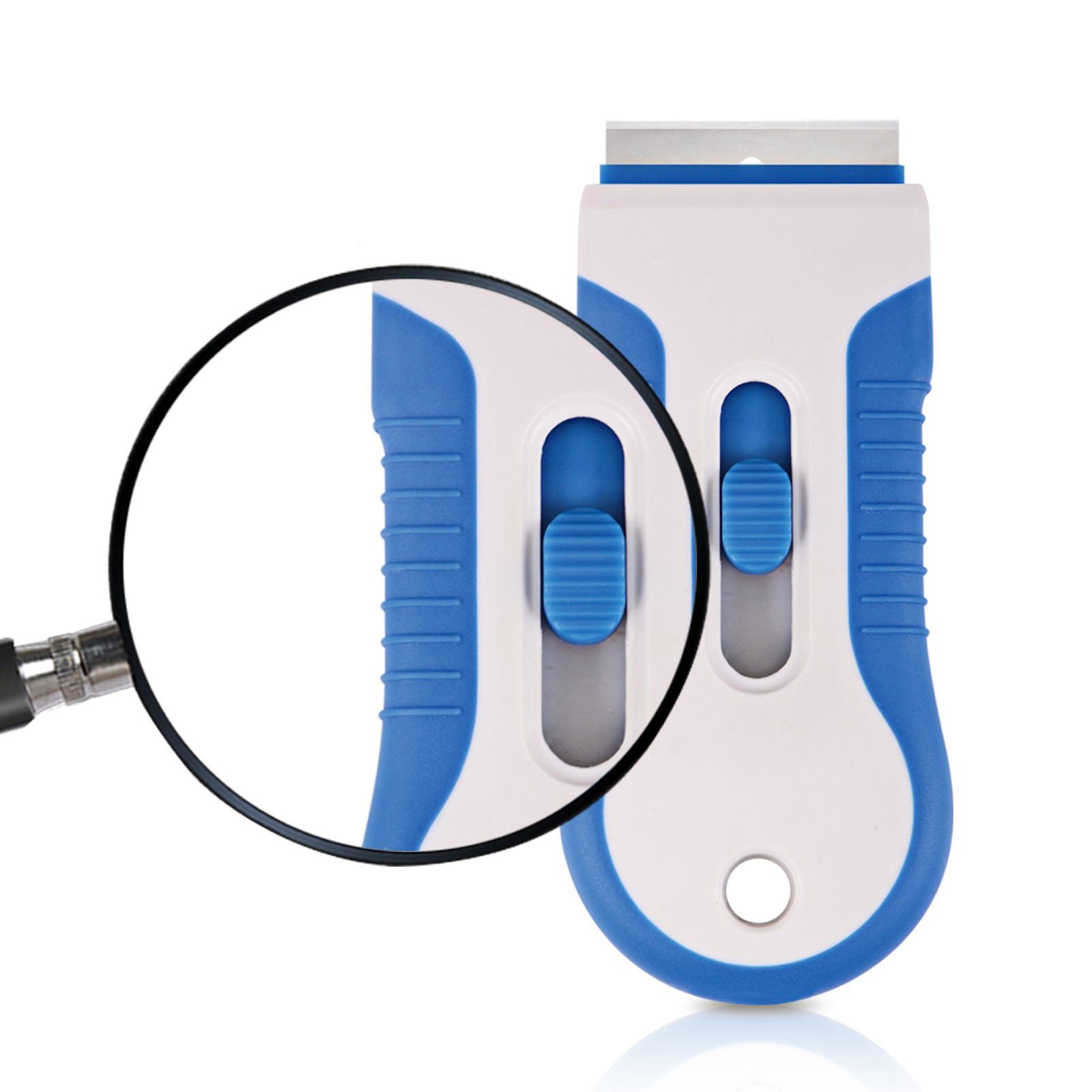 Edelstahl Kochfeldschaber Herdplatten Schaber Ergonomischer Ceranfeld Kratzer   10 Ersatzklingen - Weiss / Blau