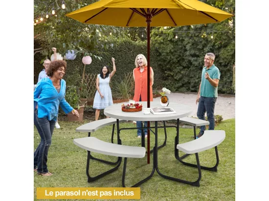 Ensemble Table de Pique-Nique avec 4 Bancs Intégrés, Ensemble de Jardin Table de Pique-Nique Circulaire 135KG Trou pour Parasol, pour Jardin Piscine, 190 x 76 cm (Blanc)