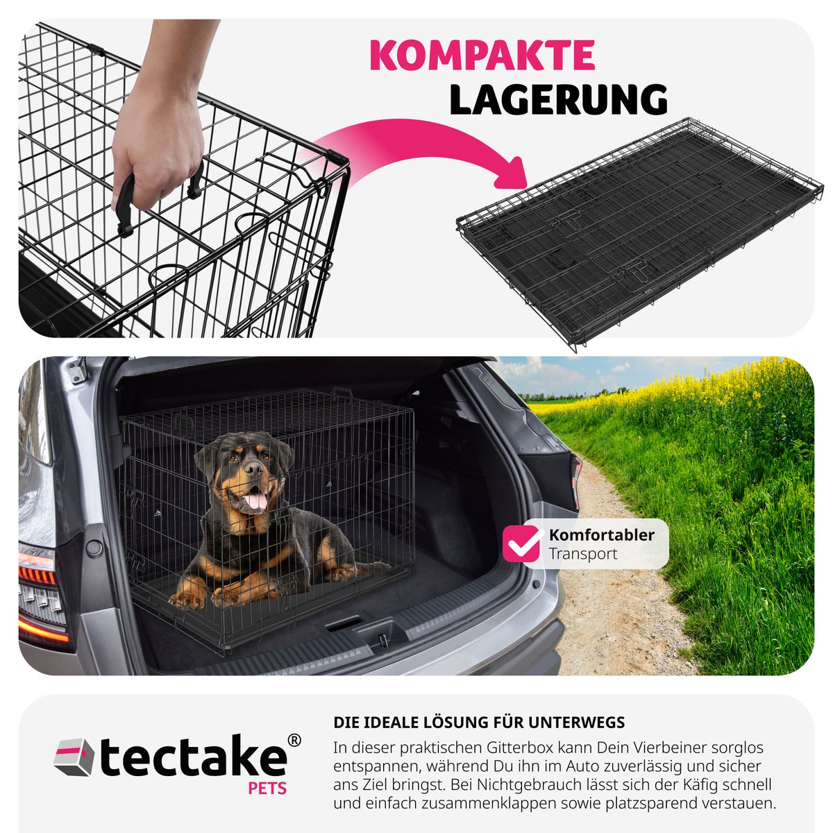 tectake Luna opvouwbare hondenbench/krat met 2 draaggrepen en afgeronde hoeken