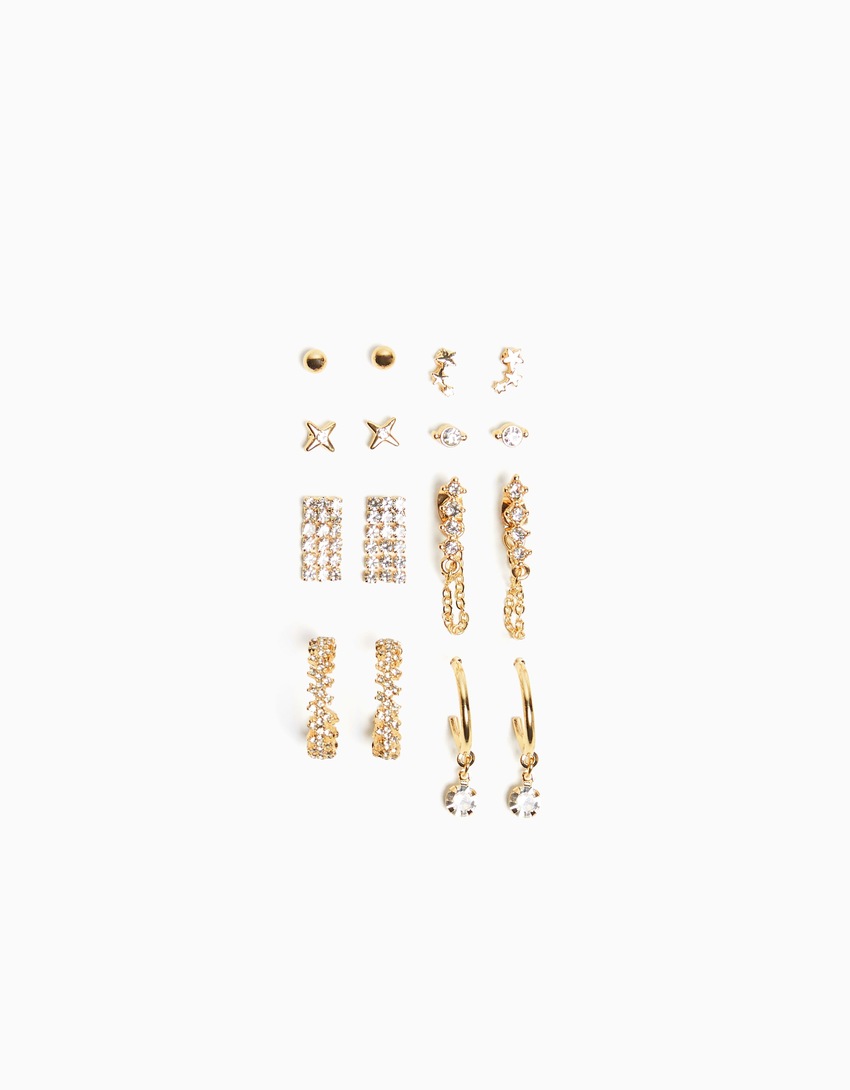 Conjunto de 8 brincos de argola com strass