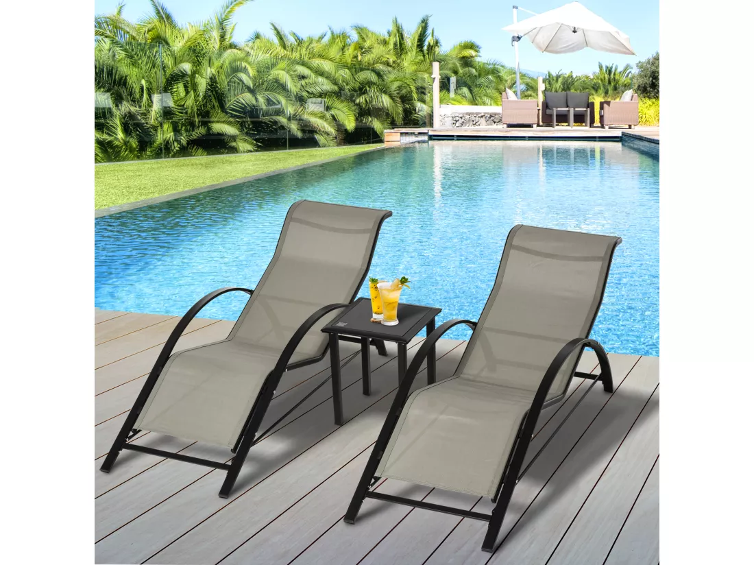 Lot de 2 bains de soleil design contemporain table basse plateau verre trempé métal époxy textilène grège