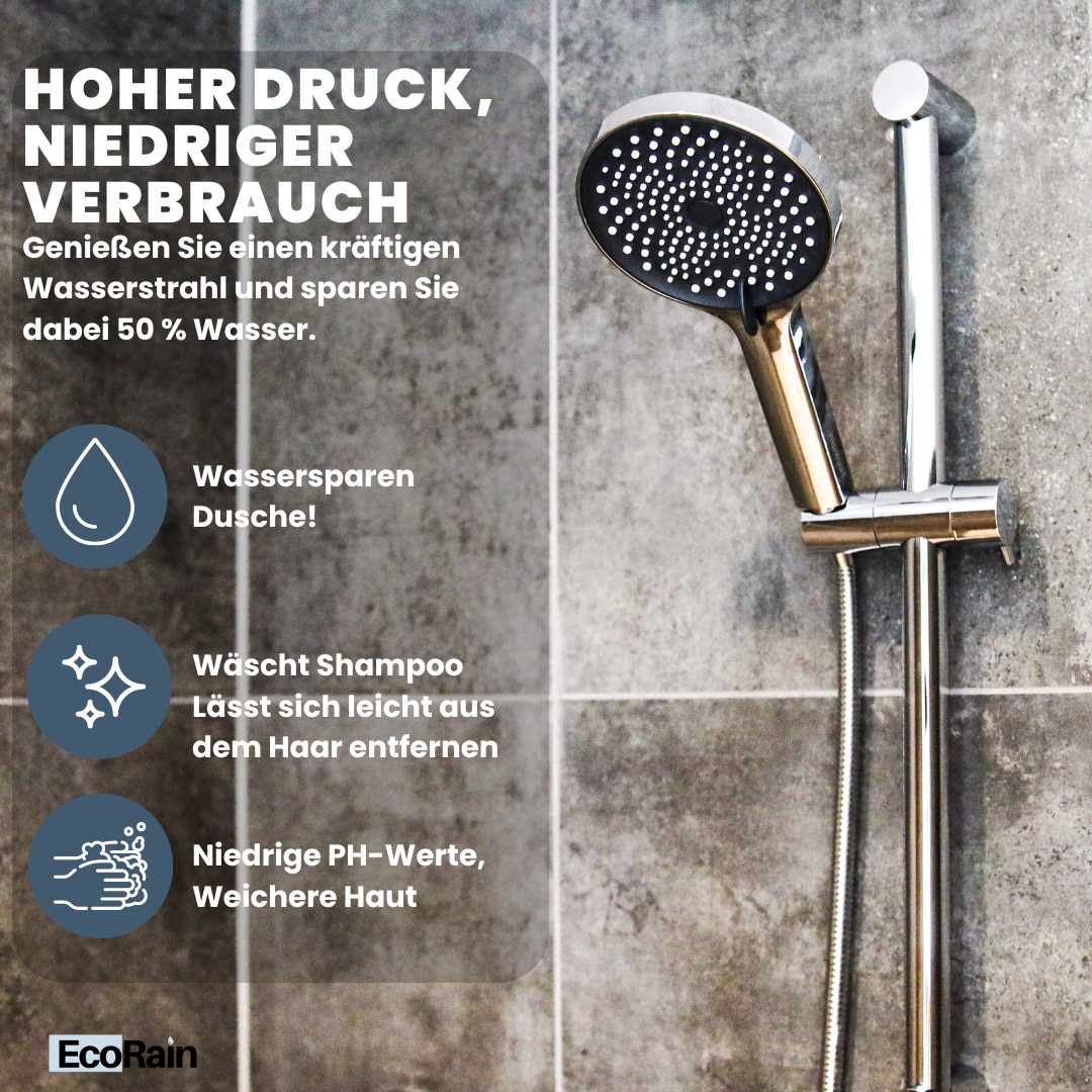 EcoRain Charly 13 cm waterbesparende douchekop met doucheslang en waterfilter, zwart - 50% waterbesparende regendouchekop - 3-traps handdouchekop - regendouchekop - universele hogedruk antikalkdouchekop