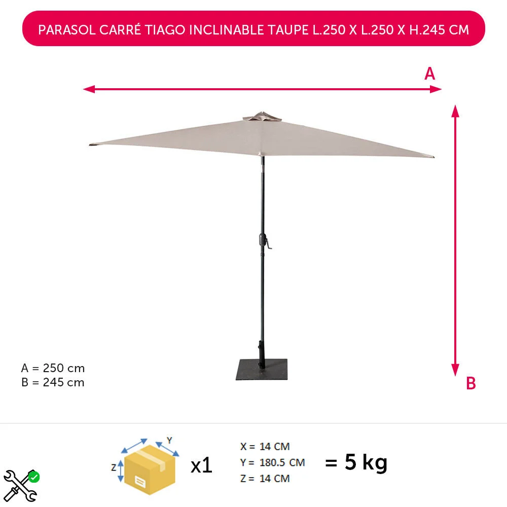 Parasol carré Tiago inclinable taupe L.250 x l.250 x H.245 cm