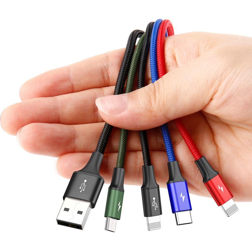 (1.2m) 3.5A 4in1 USB A auf 2x Lightning / USB C / Micro USB Ladekabel Nylon Geflecht