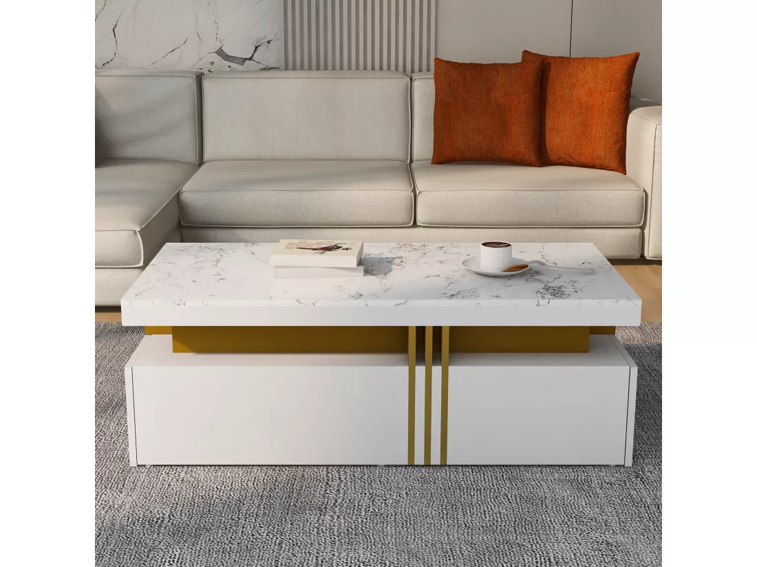 Table basse rectangulaire effet marbre blanche brillante avec 2 tiroirs 100*50*40 cm GEVREITS WHITE
