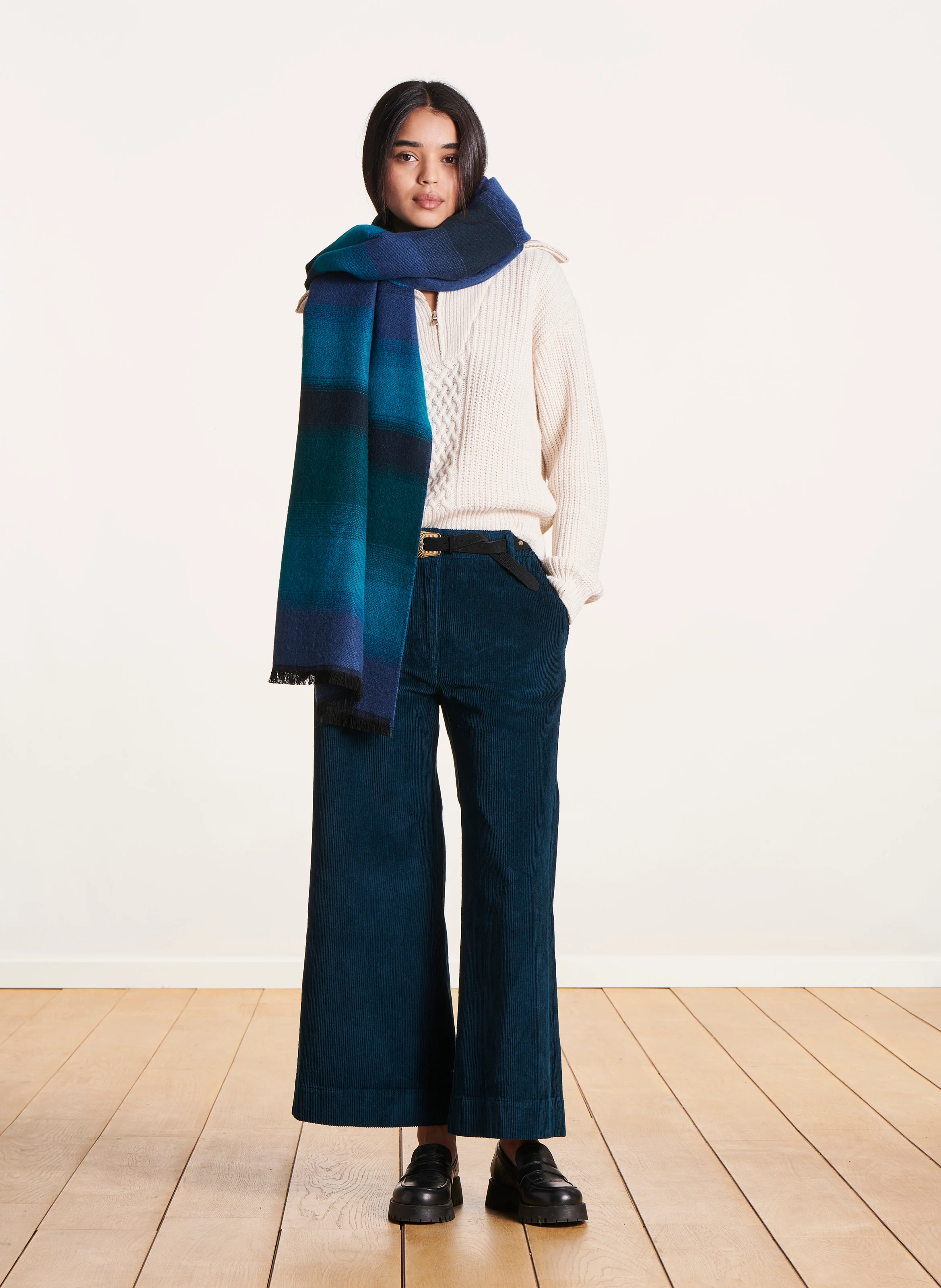 Pantalon large taille haute en coton mélangé | Bleu
