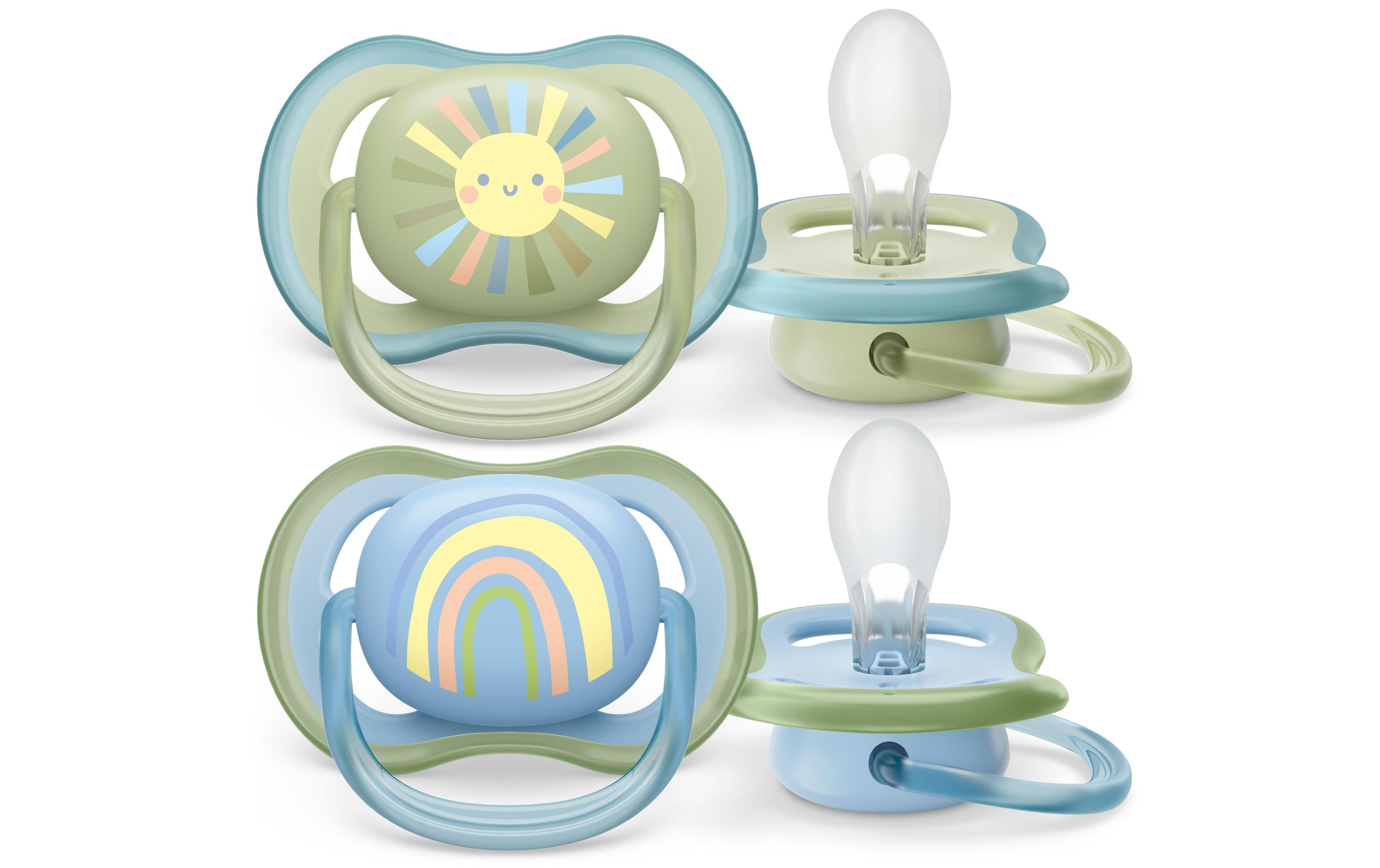Nuggi ultra air 0-6 Mt. Sonne/Regenbogen Blau/GrünSauger aus 100% lebensmitteltauglichem Silikon