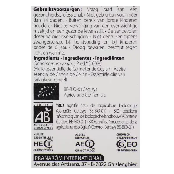 Óleo Essencial de Canela do Ceilão Orgânica Pranarom 5ml
