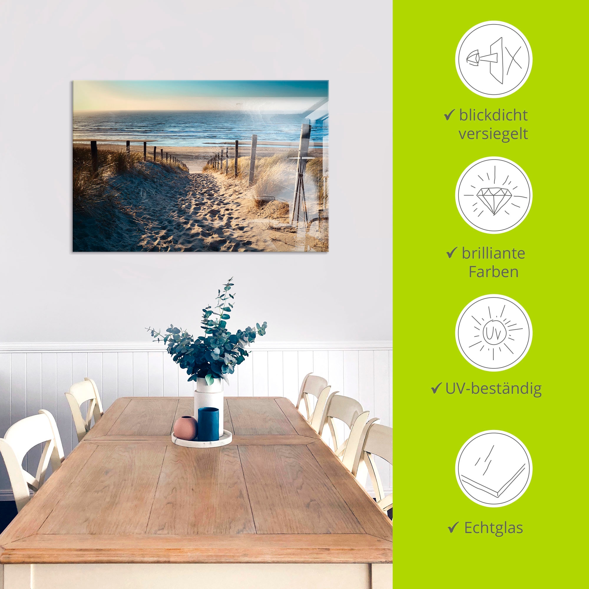 Artland Glasbild »Weg zum Nordseestrand Sonnenuntergang« Strand 1 Stk. tlg. in verschiedenen Grössen