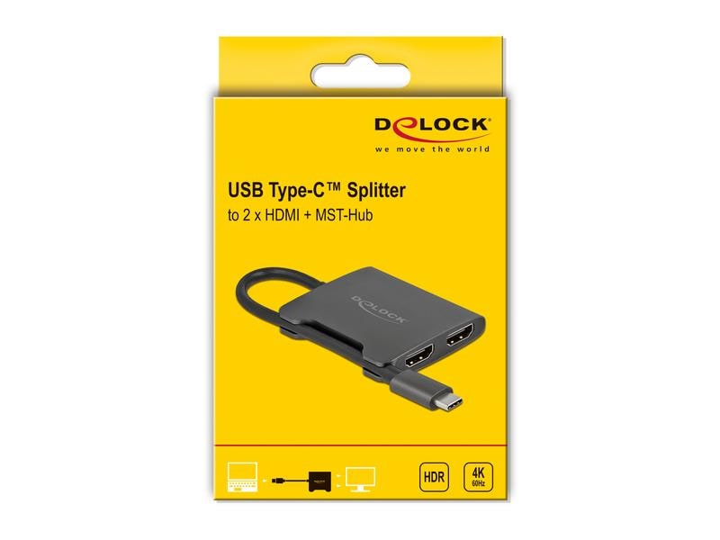 Delock Adapter 4K 60Hz, schwarz USB Type-C - HDMI Delock USB Type-C Splitter (DP Alt Mode) zu 2 x HDMI MST 4K 60 Hz