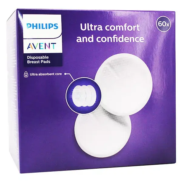 Absorventes descartáveis para amamentação Avent, para uso diurno e noturno, pacote com 60 unidades.