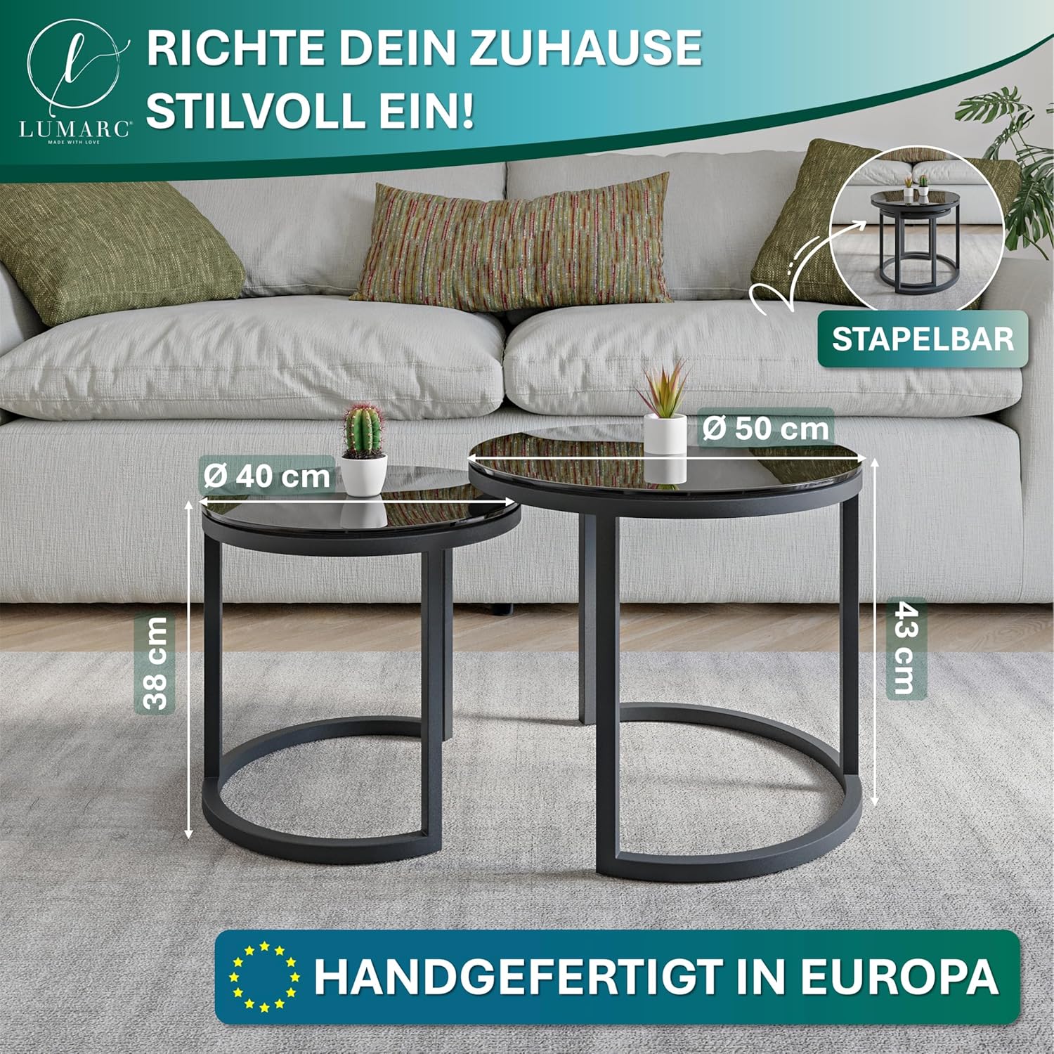 Modena, Couchtisch 2er Set aus Gehärtetem Glas und Stahl, Handgefertigt in Europa, Beistelltisch, Wohnzimmertisch, Coffee Table, Schwarz, Rund, Ø50x43 cm / Ø40x38 cm