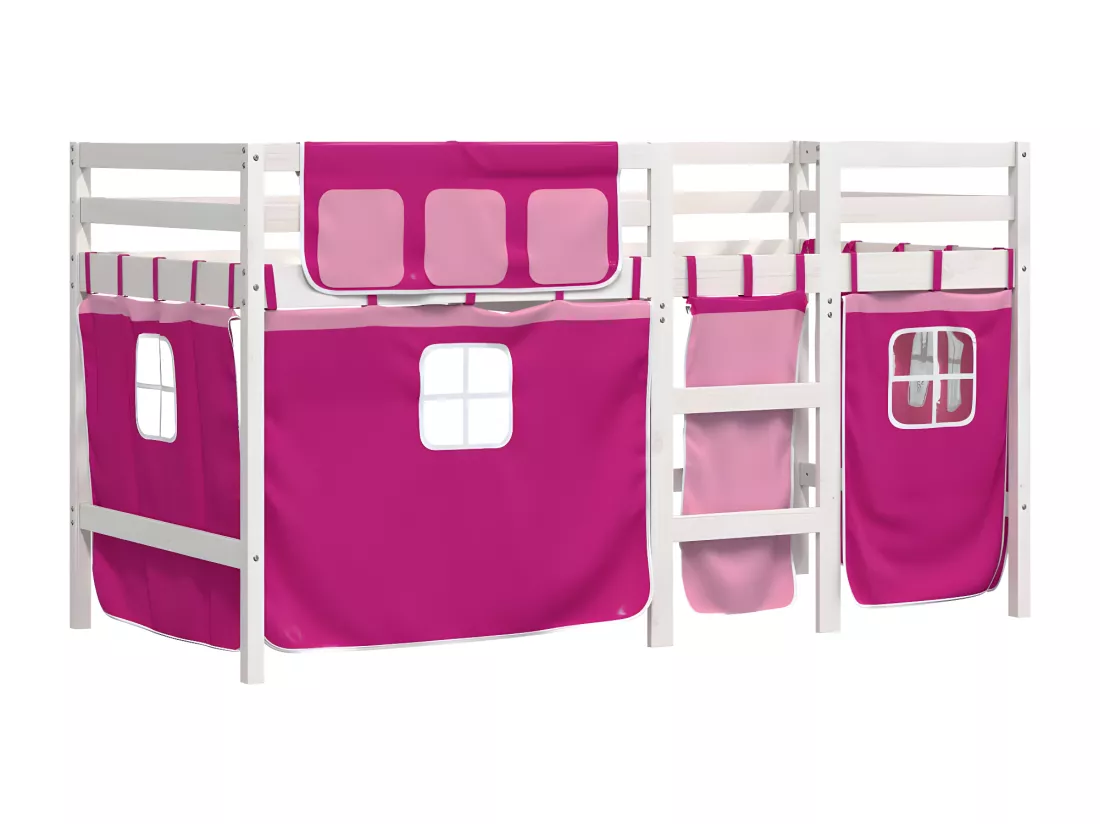 Lit mezzanine enfants et rideaux rose 80x200cm bois pin massif