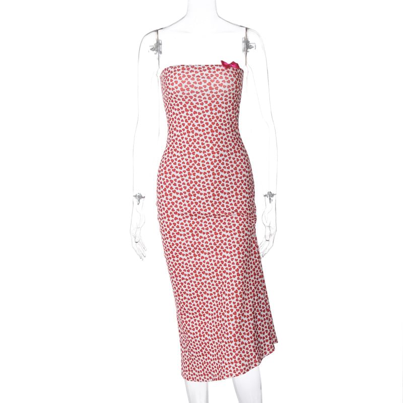 Puffields - Strapless hartprint asymmetrische strik accent split midi kokerjurk