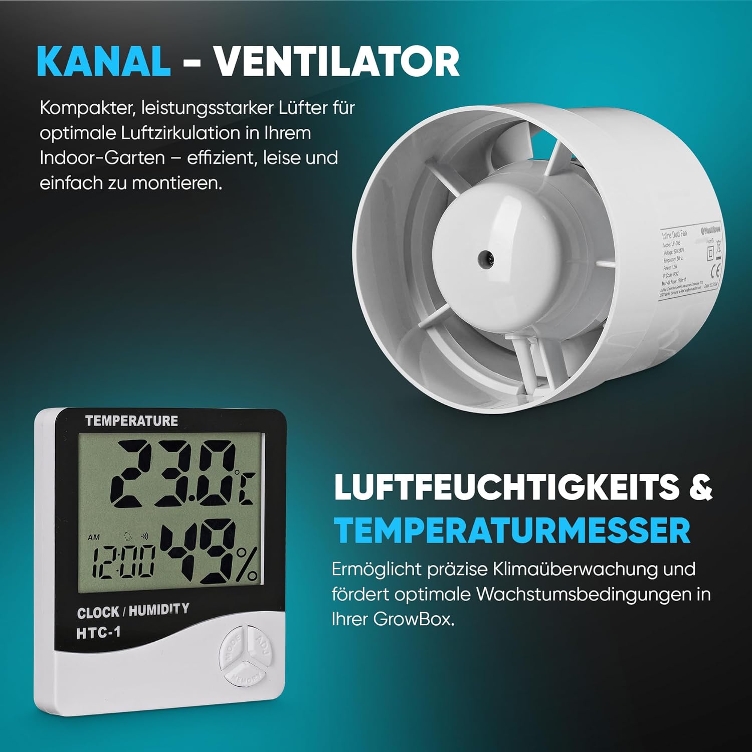 Growzelt Komplettset – Indoor Gewächshaus mit 150W Vollspektrum LED Lampe (Dimmbar), 1680D, Carbon-Filter, Inline-Kanalventilator, Abluftschlauch (120x60x180cm)