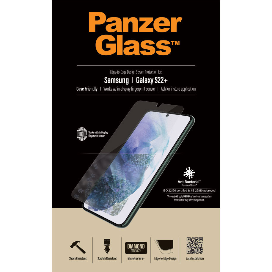 Samsung Galaxy S22  Plus 5G Antibakterielle Panzer Glas Displayschutz Case Friendly mit Rahmen (7294) - Schwarz