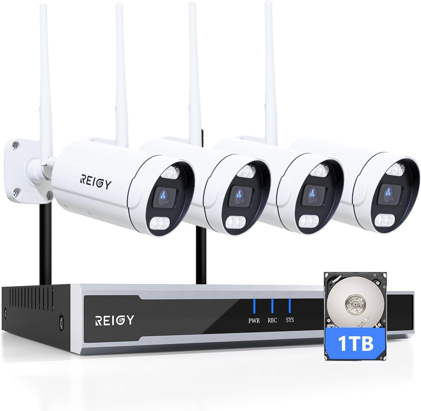 REIGY 5MP WLAN Überwachungskamera Set Aussen mit 1TB Festplatte, 16CH WiFi NVR Überwachungssystem +4x1920P Kamera, Zwei-Wege-Audio Bewegungserkennung Farbige Nachtsicht
