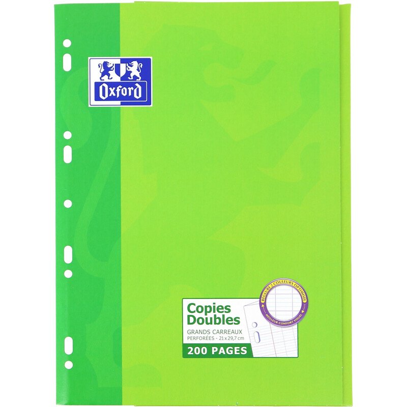 Copies doubles Oxford A4 grands carreaux Seyès 200 pages étui carte vert