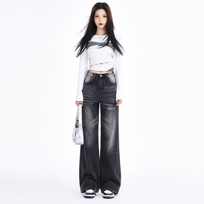 Denimot - High Waist Washed Wide Leg Jeans (diverse designs)