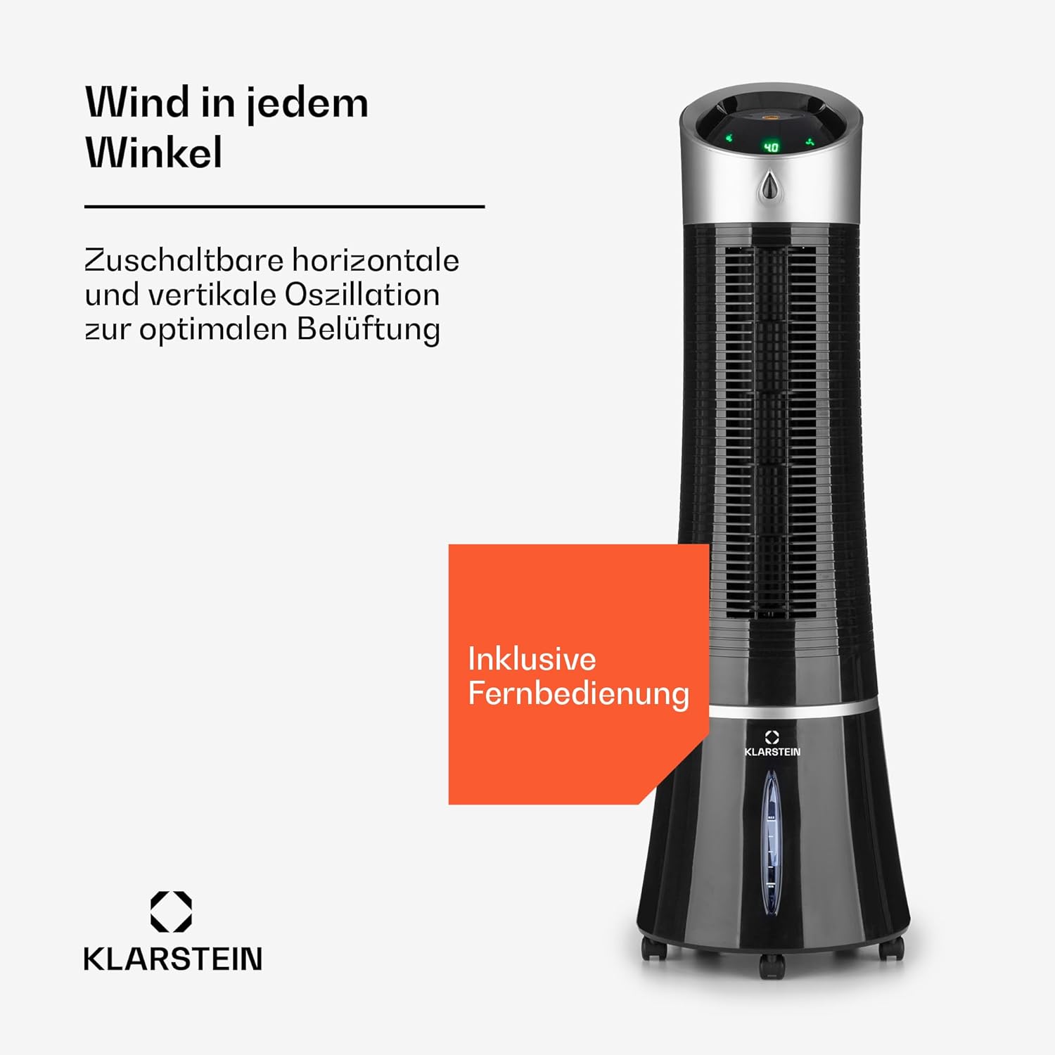 Klarstein 4-in-1: Smart Luftkühler, Ventilator, Luftbefeuchter & Ionisation I 6 L Wassertank, Oszillation, 30 W, 210 m³/h, Timer I Klimagerät ohne Abluftschlauch, Mobiles Klimagerät, Schwarz