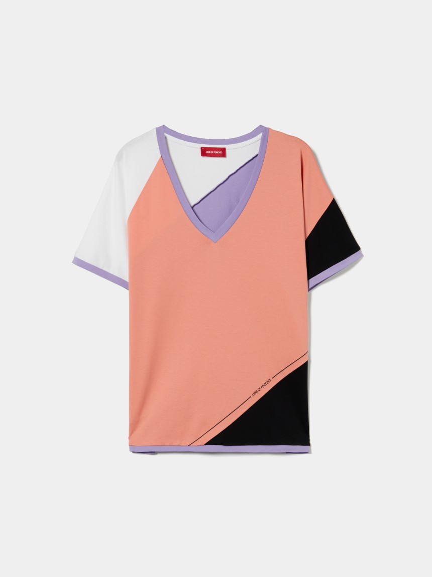 T-shirt color block decote em V