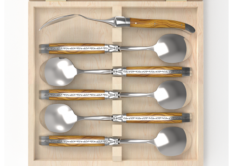 Service de 6 petites cuillères Laguiole avec un manche en bois d'olivier et mitres en acier inoxydable